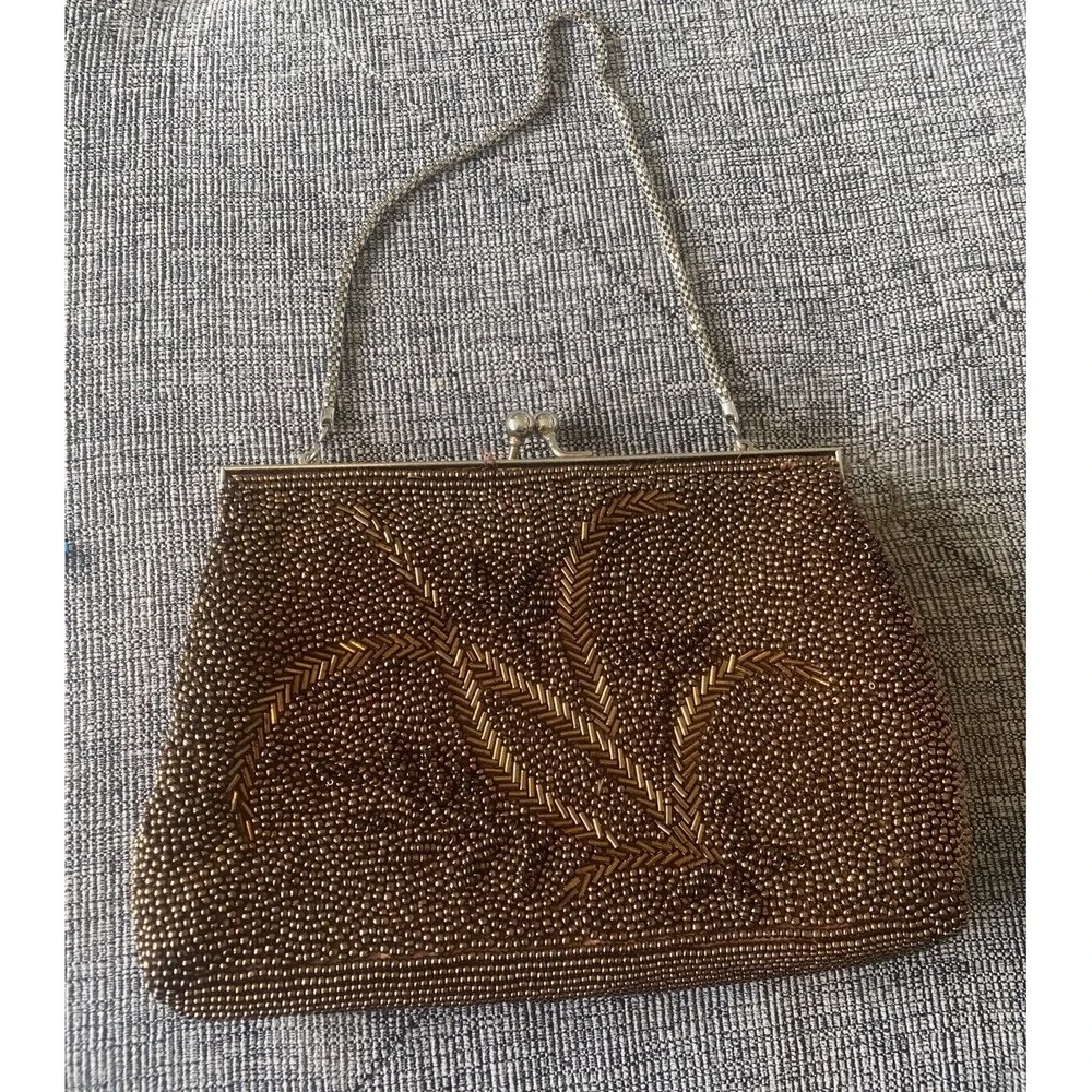 Vintage Brown Copper Beaded‎ Kisslock Purse Clutch With Strap 10